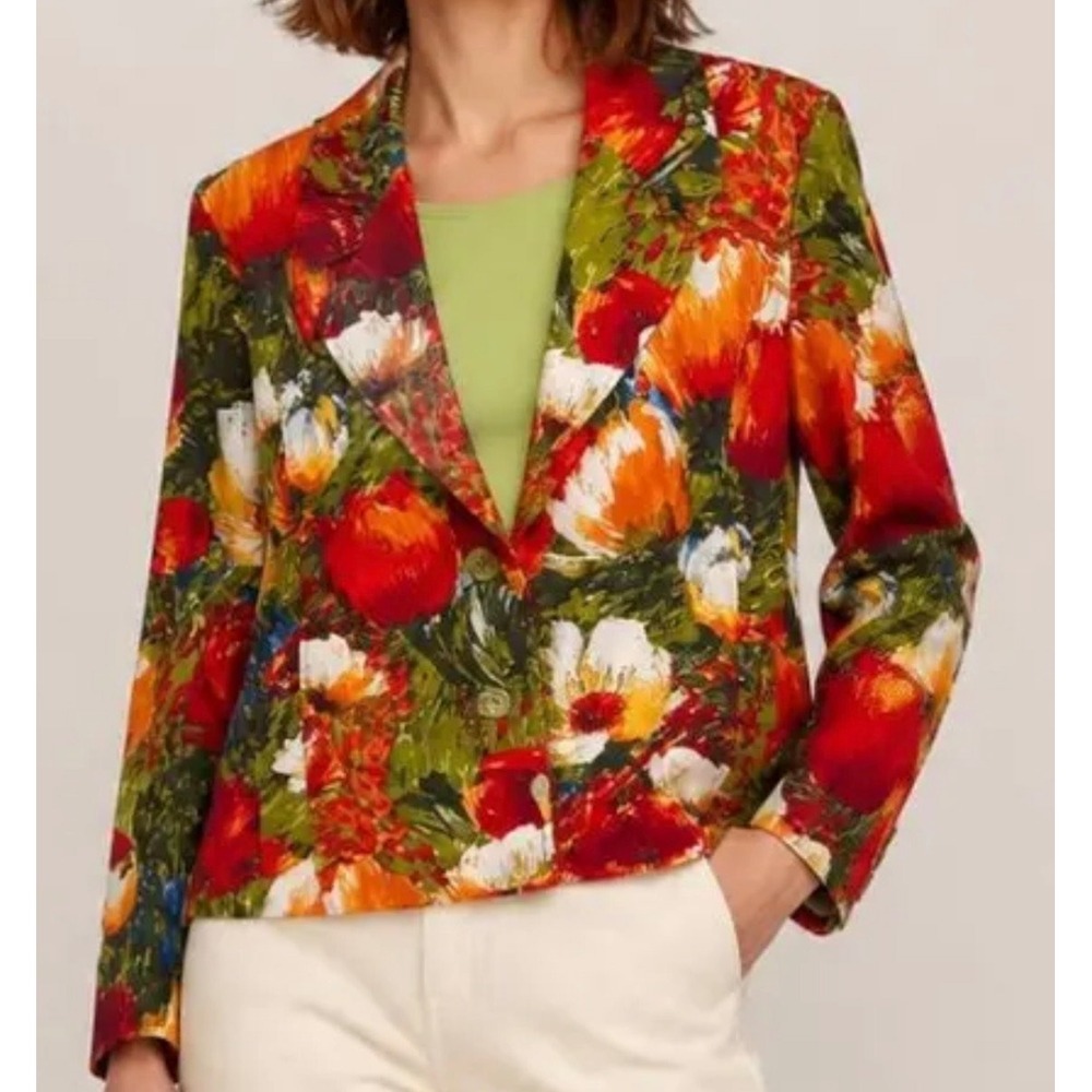 Chicos Floral Blazer 3 Watercolor Multi Cotton Stretch Art of Wear Garden Party